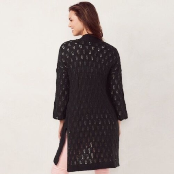 LC LAUREN CONRAD Sweater Cardigan Pointelle Acrylic Open Front Black Medium - Picture 2 of 5